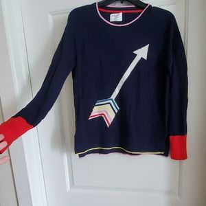 Boden Navy Arrow Crewneck Sweater with Red Cuffs